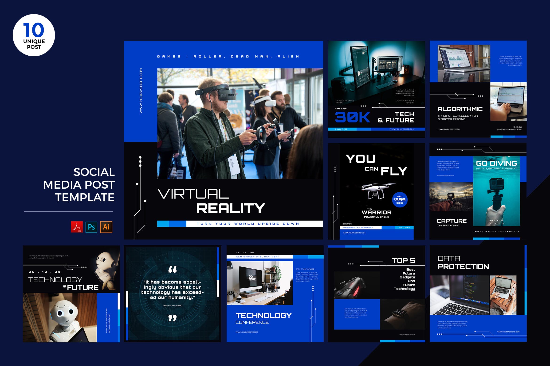未来科技主题宣传社交媒体PSD&AI模板素材库精选 Future Technology Social Media Kit PSD & AI Templa插图