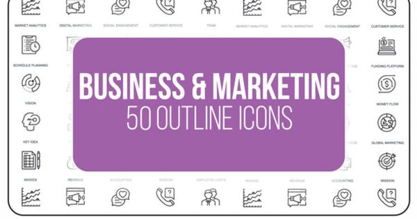 50枚市场营销&amp;商业主题视频动画线条图标 Marketing and Business – 50 Thin Line Icons