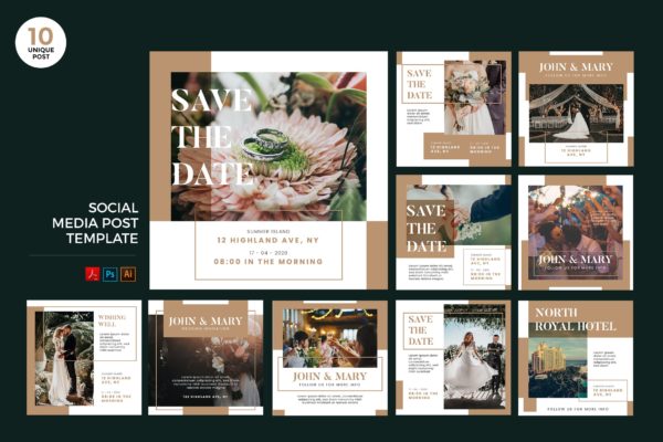 婚礼邀请主题社交媒体设计素材包 Wedding Invitation Social Media Kit PSD &amp; AI