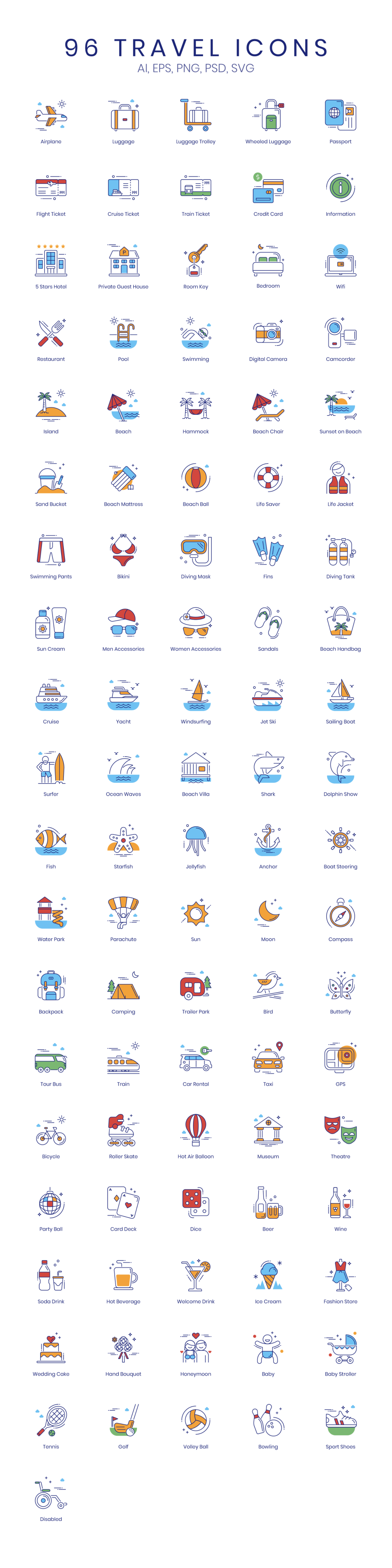 素材库下午茶：96个彩色的极简主义扁平化旅行主题图标套装[Ai]插图
