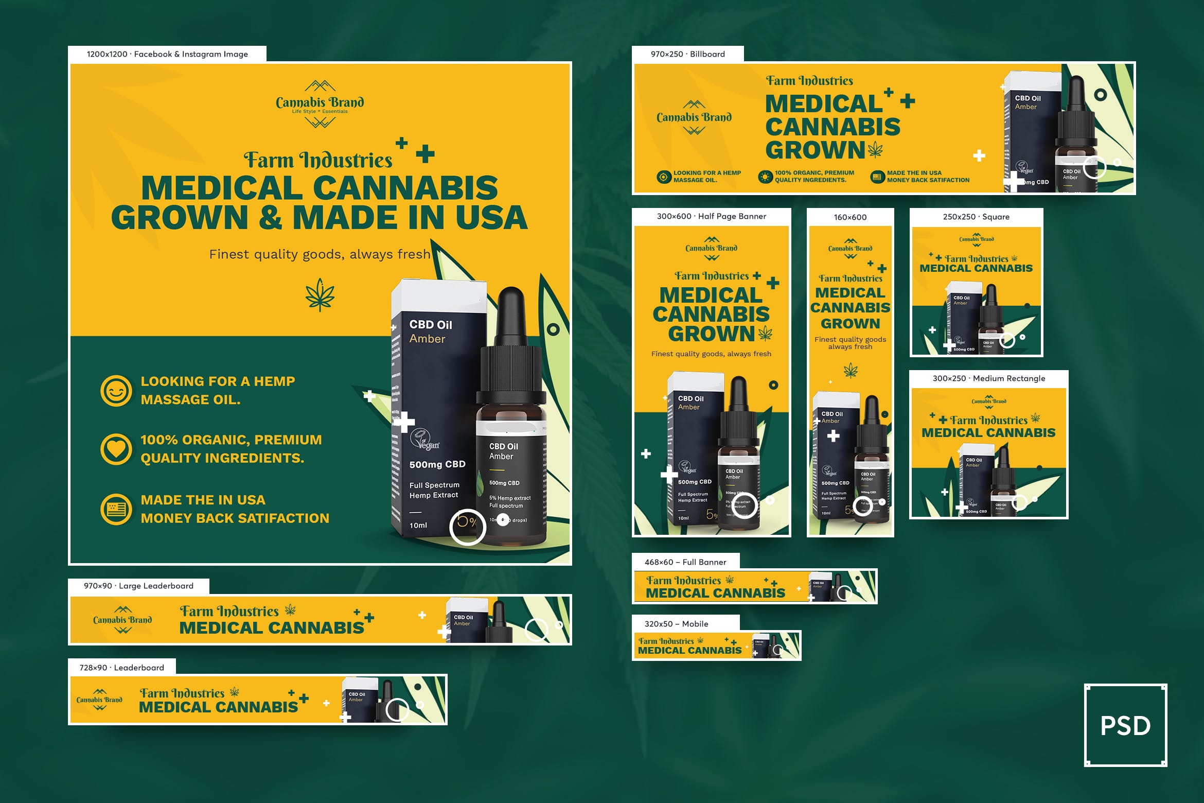 电子烟大麻油Banner横幅广告设计PSD模板 Cannabis Hemp Oil Banners Ad PSD Template插图