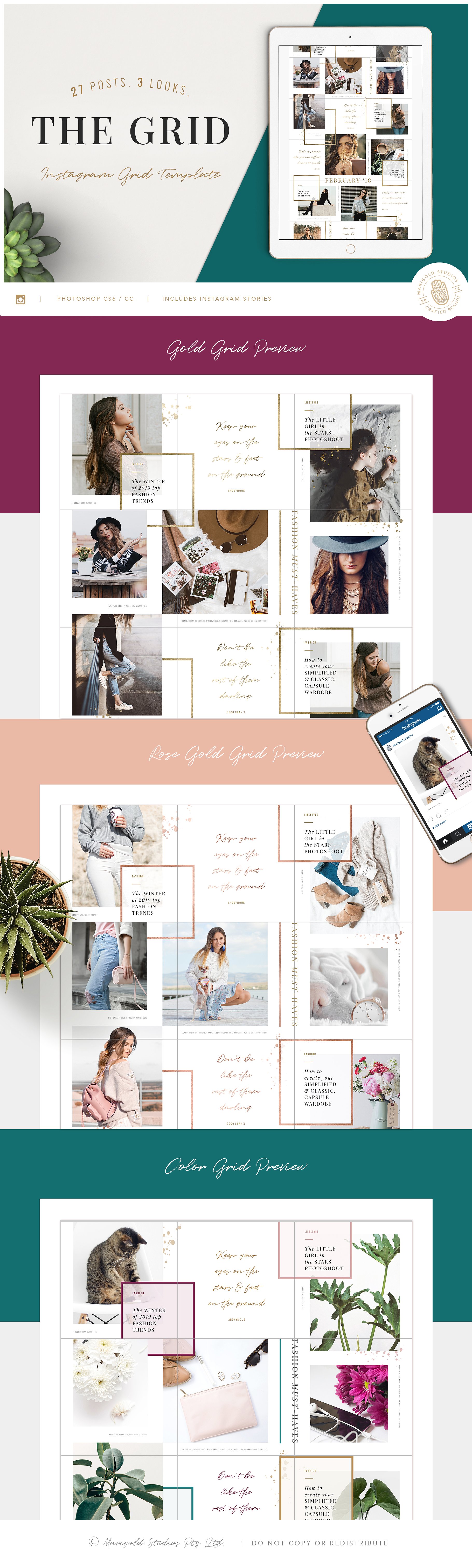 时尚典雅Ins故事&文章贴图模板素材库精选 THE GRID | Instagram Posts Layout插图
