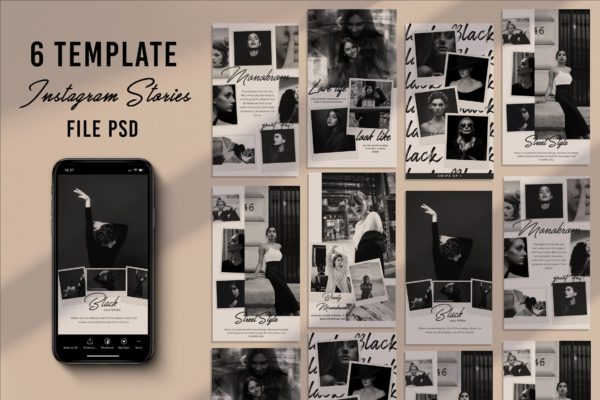 黑白设计风格Instagram品牌故事推广设计素材 MonoKrom Stories