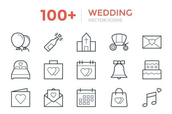 100多个婚礼/婚庆线型矢量图标 100+ Wedding Vector Icons