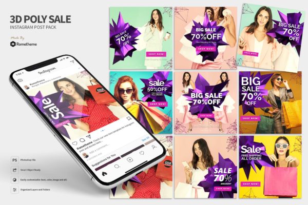 3D抽象几何图形设计风格Instagram促销广告Banner设计模板素材库精选 3D Abstract Poly Sale Banner Instagram Post MR