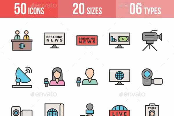 50枚新闻媒体类线描彩色图标[AI，CDR，EPS，JPG，PNG，SVG]