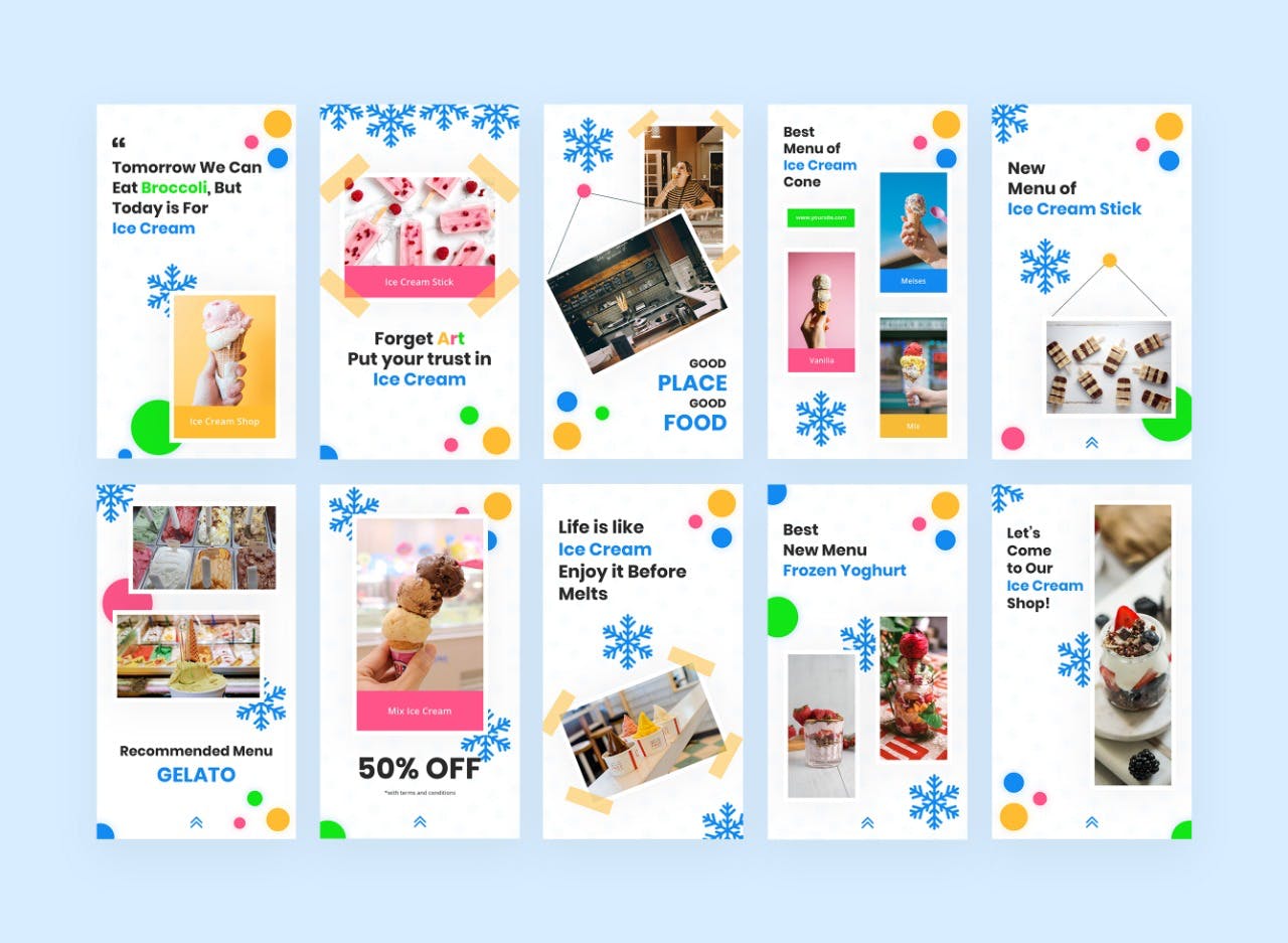蓝色雪花装饰点缀Instagram品牌故事设计模板素材库精选 Sorvete – Instagram Story Pack插图(1)