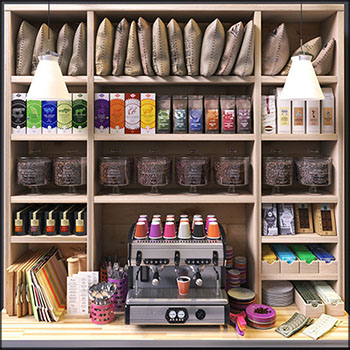 现代商品货架咖啡机餐具食品组合素材之家精选3D模型