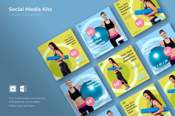 瑜伽培训课程社交推广设计模板素材库精选v27 SRTP – Social Media Kit.27