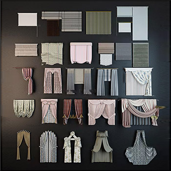 现代布艺窗帘卷帘窗纱组合素材之家精选3D模型