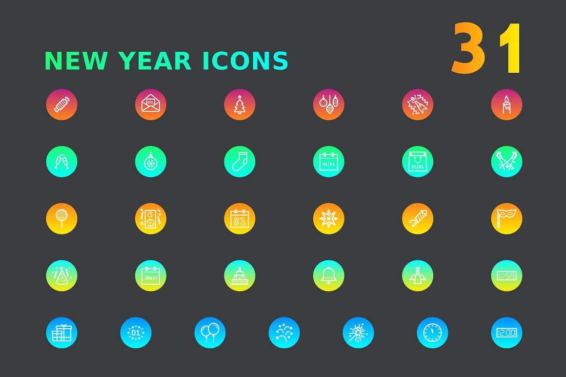 16种风格多尺寸的新年矢量图标合辑下载[png,svg]插图(5)