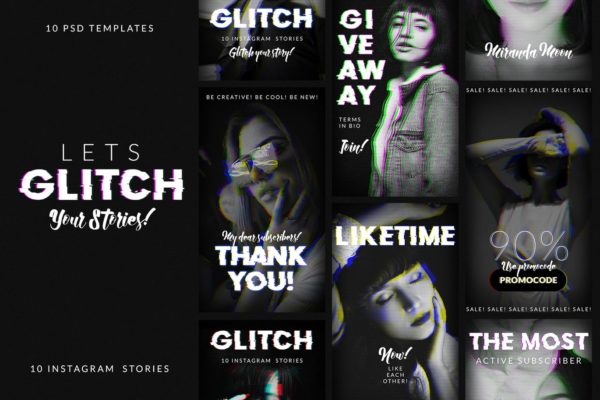 视频信号故障效果Instagram品牌故事营销设计素材 Glitch Instagram Stories