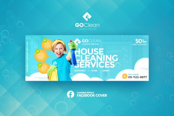 清洁服务保洁公司宣传推广社交广告设计素材 GoClean – Cleaning Service Facebook Cover Template