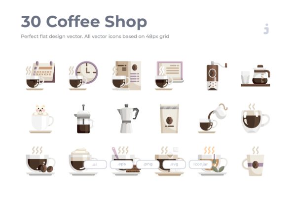 30枚咖啡/咖啡店扁平设计风格矢量素材库精选图标素材 30 Coffee Shop Icons – Flat