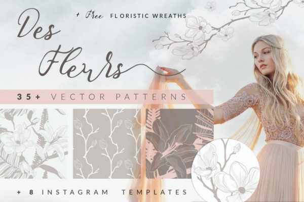 35+优雅手绘花卉图案纹理Instagram贴图模板素材库精选 35+ Patterns &amp; 8 Instagram Templates