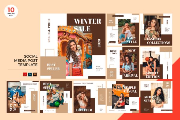 时尚品牌冬季销售主题社交媒体设计素材包 Winter Sale Fashion Social Media Kit PSD &amp; AI