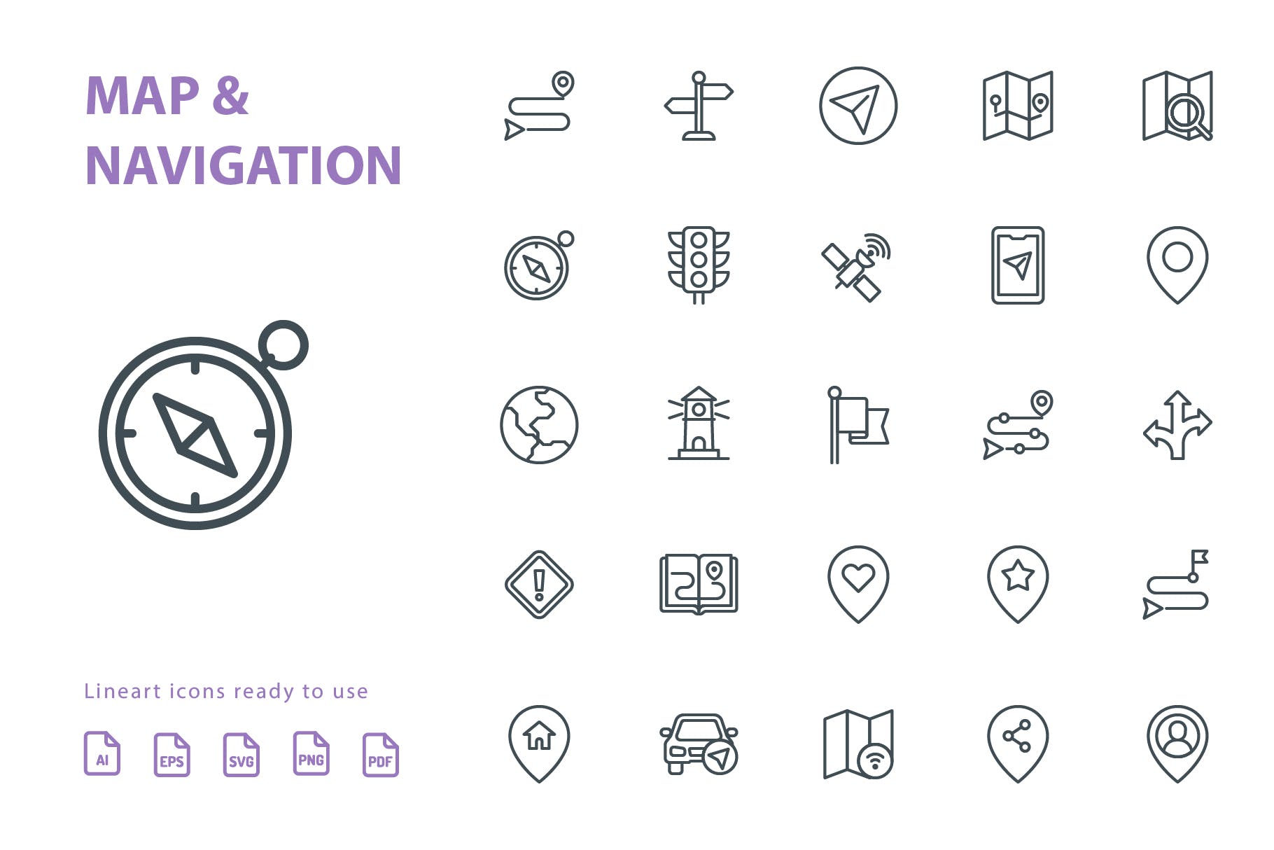25枚地图导航主题矢量线性素材库精选图标 Map & Navigation Lineart插图(1)
