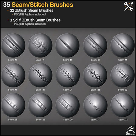 Zbrush笔刷-35组衣服缝线笔刷alpha贴图