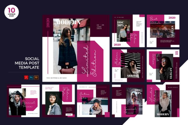 精品服饰推广社交媒体设计素材包 Elegant Boutique Social Media Kit PSD &amp; AI