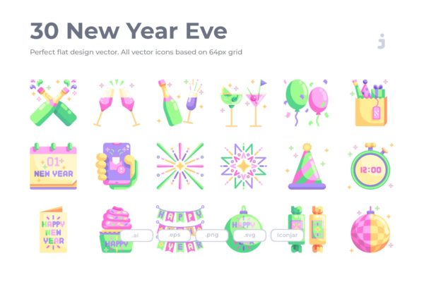 30枚新年倒数主题扁平化图标素材 30 New Year Eve Icons – Flat