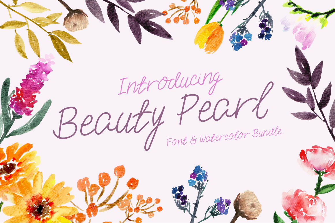 Beauty Pearl Font & Watercolor Floral Bundle素材之家精选英文字体