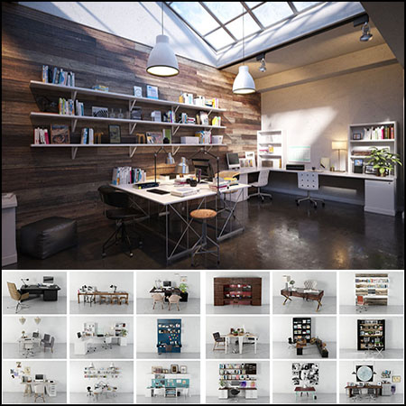 32款包含电脑办公用品的电脑桌办公桌素材之家精选3D模型