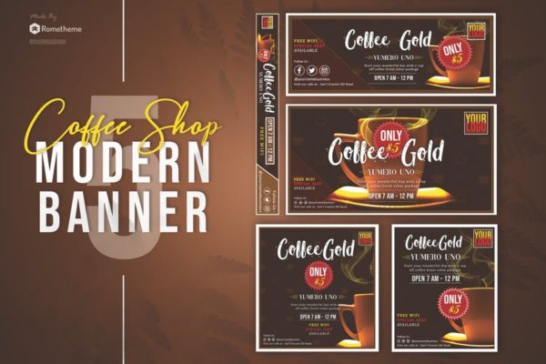 咖啡＆咖啡店品牌广告Banner设计模板素材 Coffee Shop Banner Pack Template