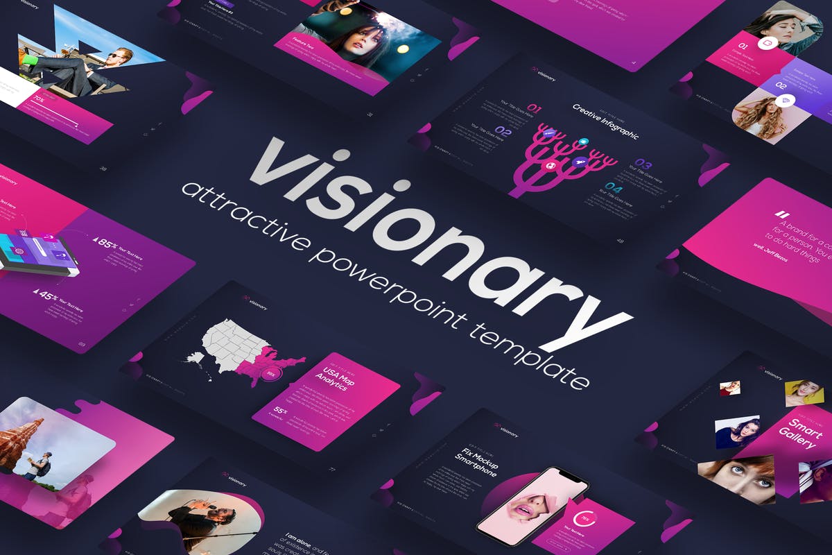 女性品牌时尚配色主题设计PPT模板 Visionary – Attractive PowerPoint Design插图