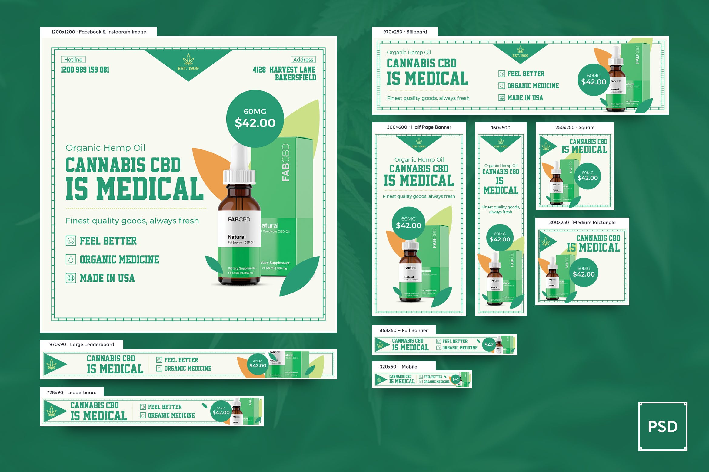 大麻/CBD大麻油电子烟烟油主题Banner横幅广告设计PSD模板 Cannabis Hemp Oil Banners Ad PSD Template插图