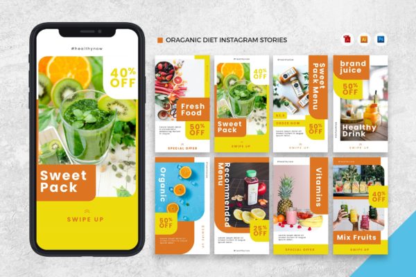 有机食物品牌Instagram社交推广设计素材[AI&amp;PSD] Organic Diet Instagram Stories AI and PSD Template