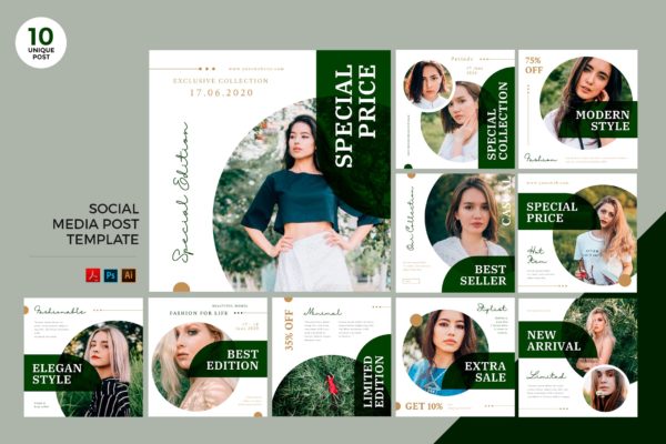 时尚女装品牌推广社交媒体PSD&amp;AI模板素材库精选 Nature Fashion Social Media Kit PSD &amp; AI Template