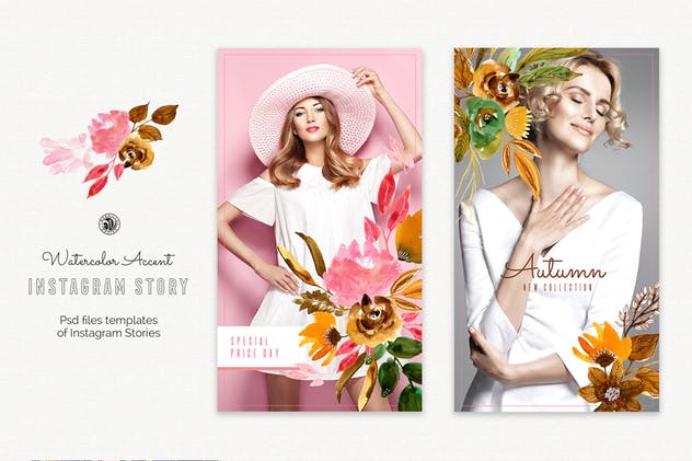 水彩设计风格Instagram故事贴图模板素材库精选 Watercolor Accent Instagram Story Templates插图(2)