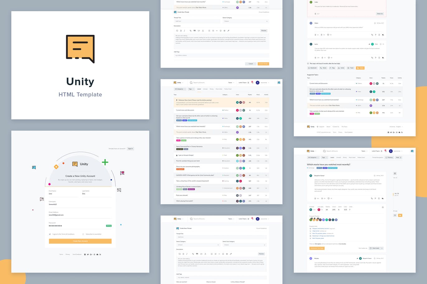 社交论坛网站HTML模板素材库精选 Unity Forum HTML Template插图