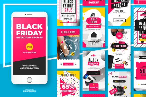 黑色星期五购物节Instagram故事促销广告模板素材库精选v5 Black Friday Instagram Story Feed Templates