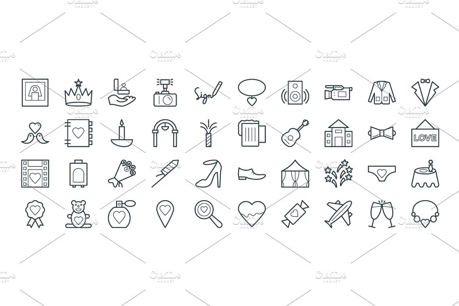 100多个婚礼/婚庆线型矢量图标  100+ Wedding Vector Icons插图(2)