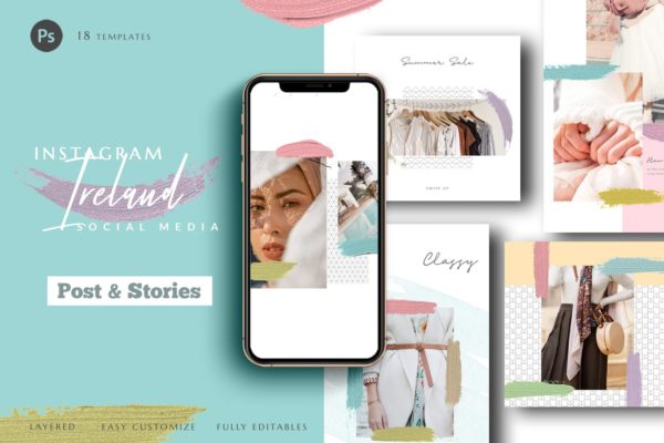 小资优雅风格Instagram社交网站品牌故事&amp;贴图设计模板素材库精选 Instagram Ireland Social Media Pack