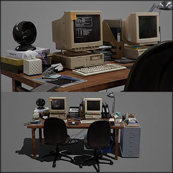 90年代复古工作办公场景电脑办公用品素材之家精选3D模型