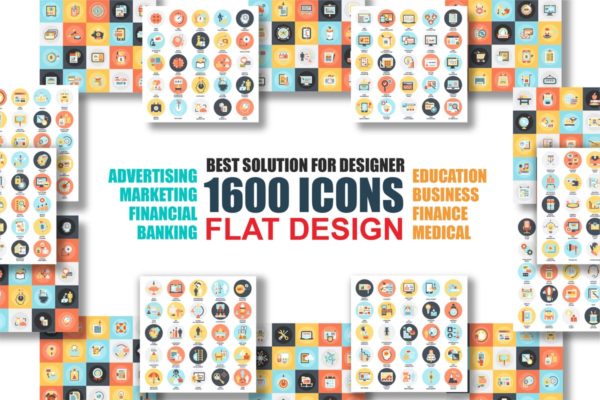 1600枚多主题扁平设计风格矢量图标套装 Bundle Flat Icons