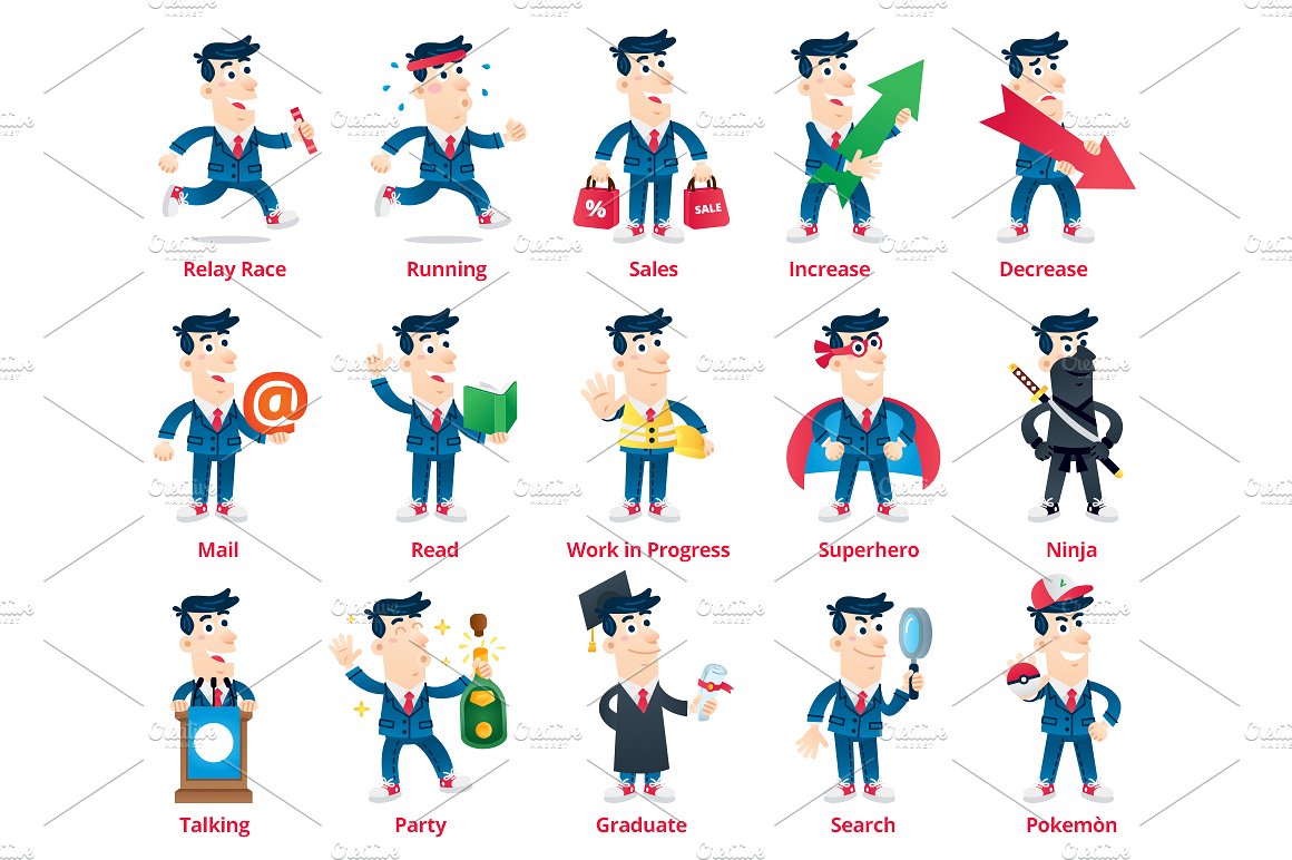 男性白领形象卡通图标集 Business Man Mascot Mega Pack插图(4)