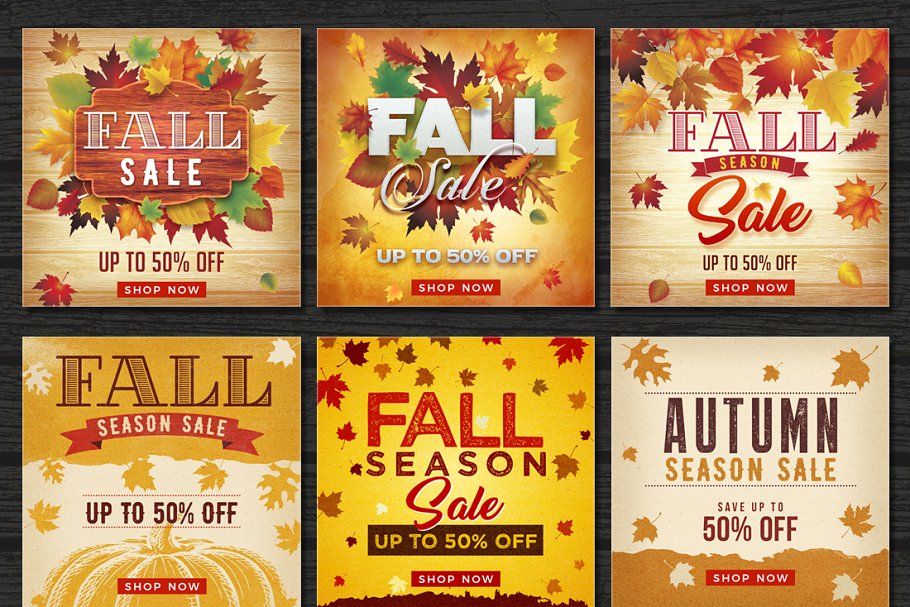 秋天枫叶背景促销广告Banner模板素材库精选 Autumn Fall Sale Banners插图(1)