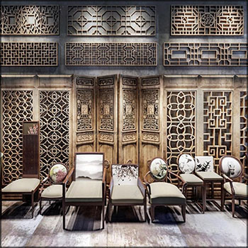 中式复古单椅实木雕花屏风隔断组合素材之家精选3D模型