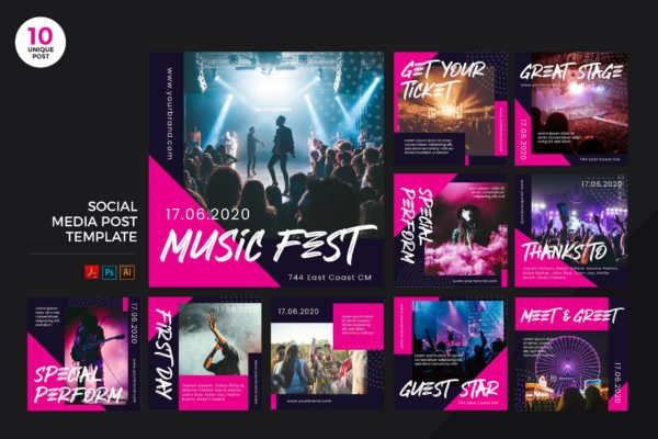 音乐节宣传社交媒体设计素材包 Music Festival Social Media Kit PSD &amp; AI