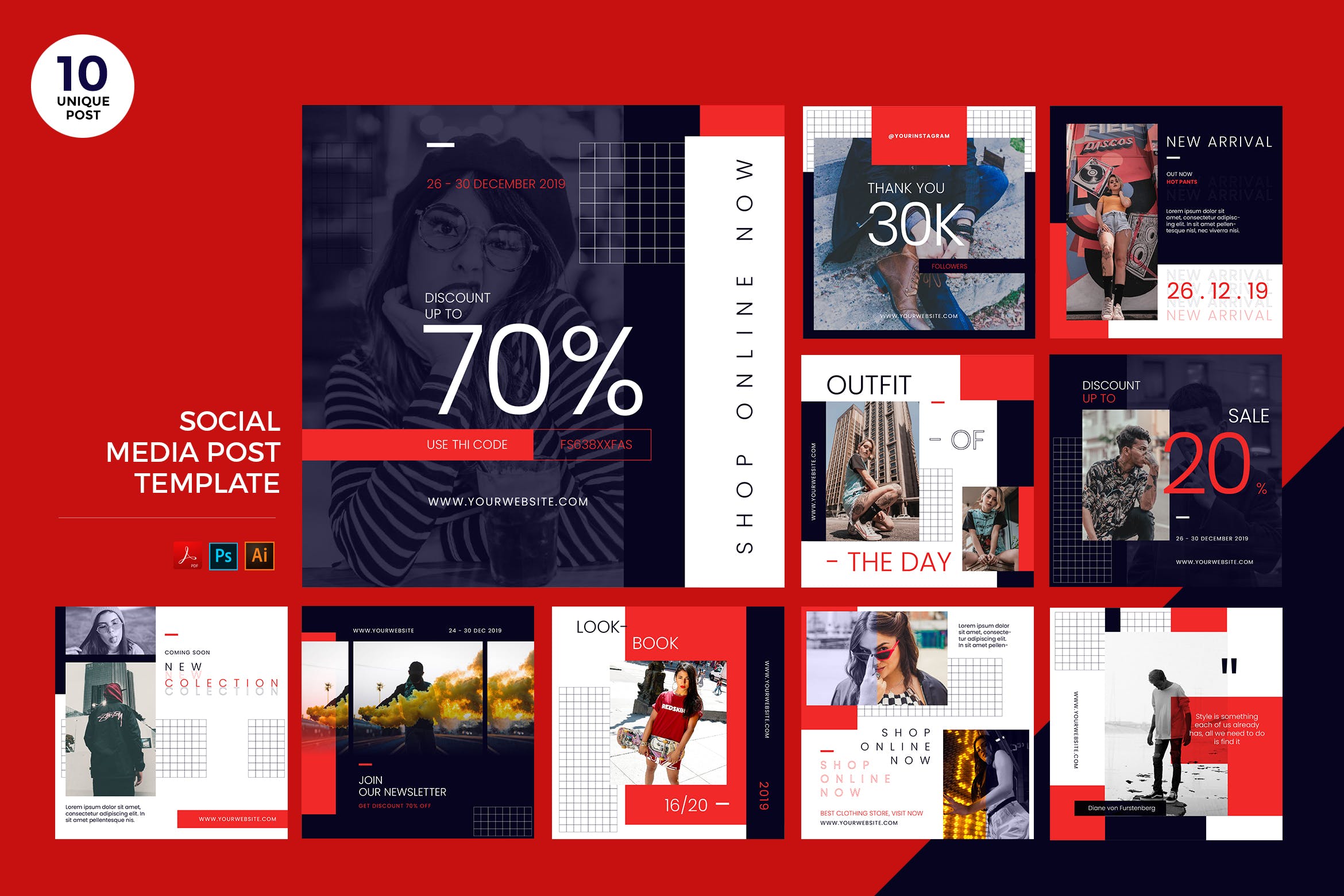 城市时尚主题社交媒体设计素材包 Urban Fashion Social Media Kit PSD & AI Template插图