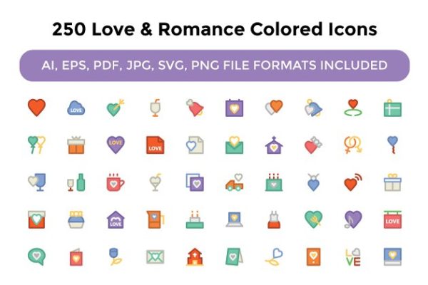 250个爱情和浪漫元素的彩色图标集合 250 Love and Romance Colored Icons