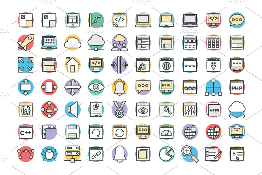 150+互联网开发&设计专题彩色图标 150+ Design and Development Icons插图(1)
